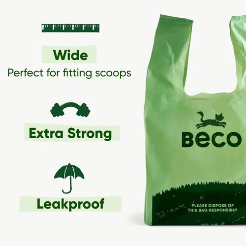 Beco cat poop bag showing wide, strong and leakproof features