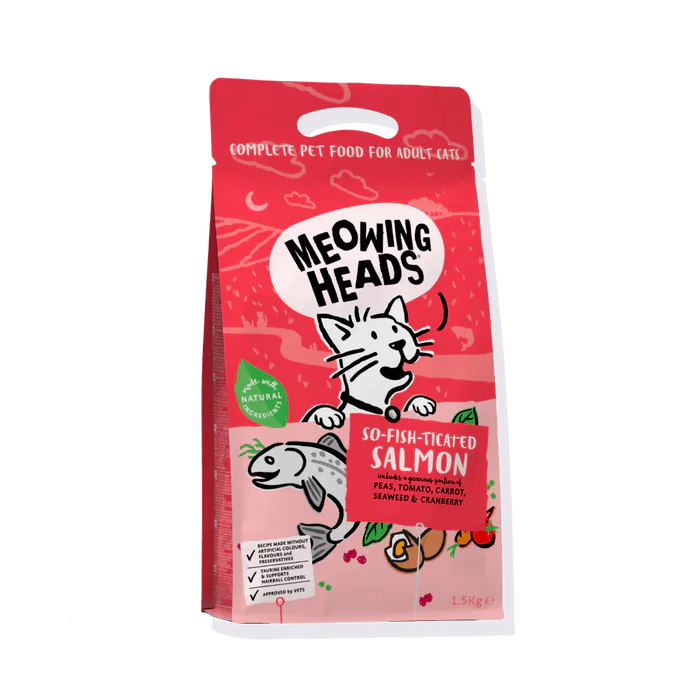 Meowing Heads So-Fish-Ticated Salmon Adult Dry Cat Food — front packshot