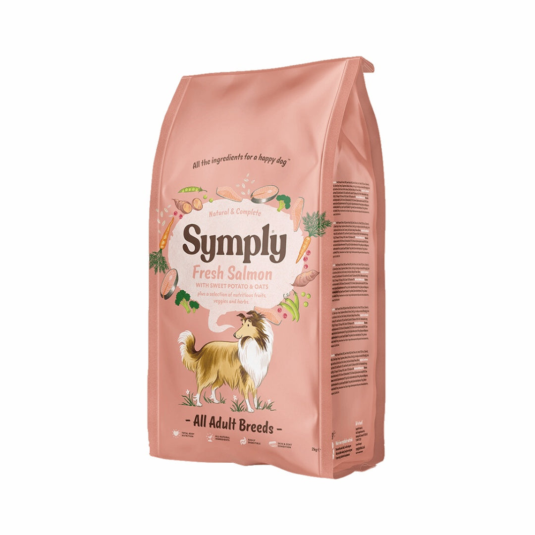 Symply 45% fresh salmon dry dog food for adult dogs in UAE - 2kg/5kg/12kg packs with Omega-3 for skin health and wheat-free digestion