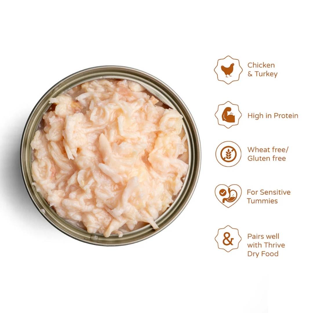 Thrive Canned pet food with chicken and turkey on a white background