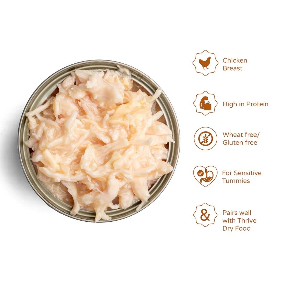 Thrive Canned pet food with chicken breast, high in protein, wheat-free/gluten-free, suitable for sensitive tummies, and pairs well with Thrive Dry Food.