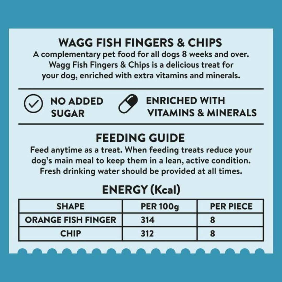 Wagg Fish Fingers & Chips Fish & Potato Tasty Bites Oven Baked Dog Treats 125 g Feeding Guide