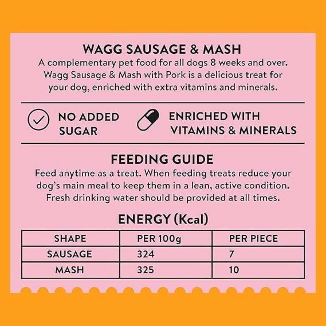 Wagg Sausage & Mash Pork & Potato Tasty Bites Oven Baked Dog Treats 125 g pack feeding guide
