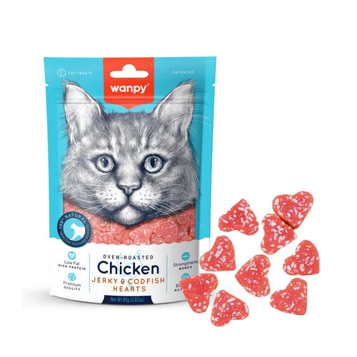 Wanpy Chicken Jerky & Codfish Hearts for Cats 80 g - 80 g