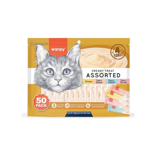 Wanpy Creamy Lickable Cat Treats Assorted - 4 Different Flavors (14 g × 50 pcs) - 14 g × 50 pcs