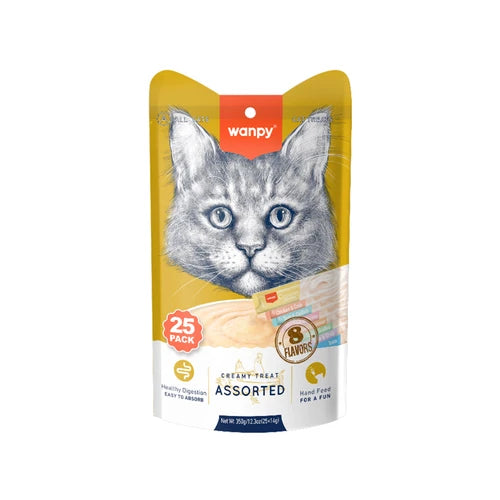Wanpy Creamy Lickable Cat Treats Assorted - 8 Different Flavors (14 g × 25 pcs) - 14 g × 25 pcs