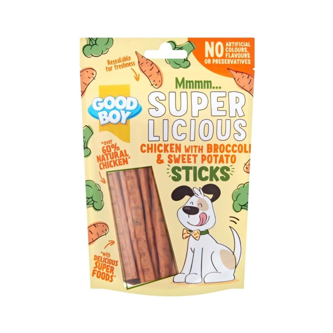 Armitage Chicken with Broccoli & Sweet Potato Sticks Dog Treats over 60% natural chicken blended with apple & cranberry.