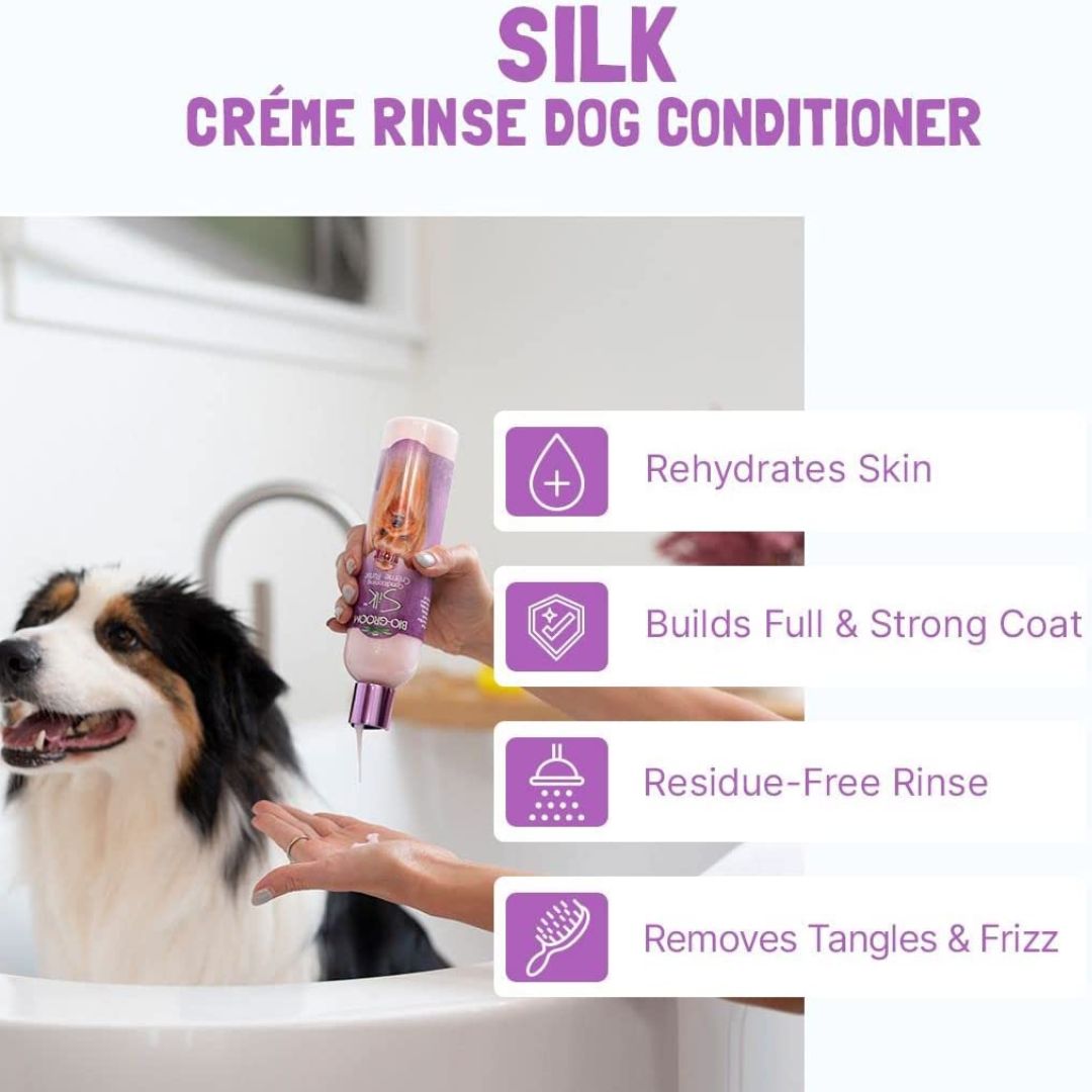 Bio-Groom Cream Rinse Conditioner Returns moisture to the skin and coat for Dogs. Builds strength and body to the coat, Controls fly-away hair, and Removes tangles.2