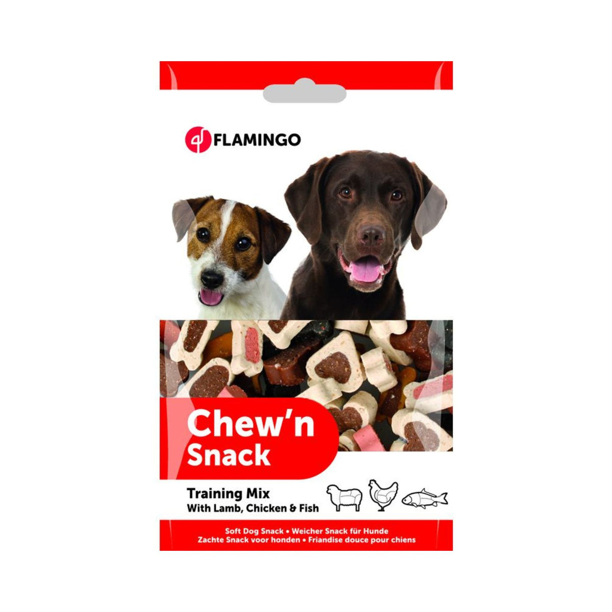 Flamingo Chew'n Chicken with Lamb & Fish Mix Dog Treats - Soft Textured Training Treats for All Breeds. Front Bag
