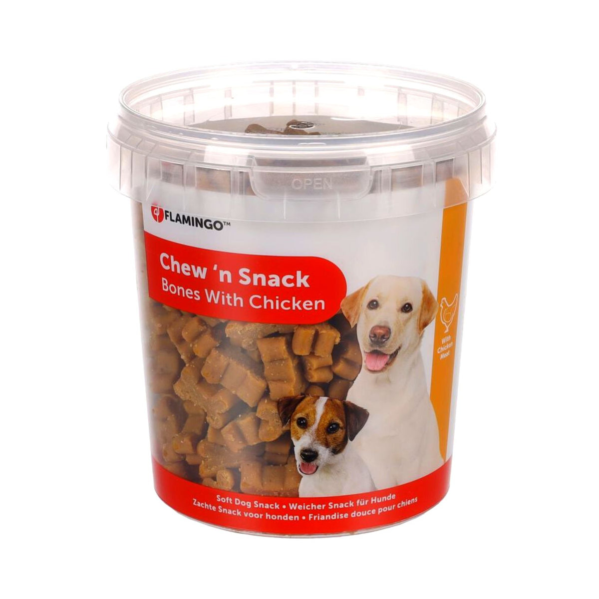 Flamingo Chew'n Chicken Bones Dog Treats - Real Chicken Bones for Crunchy Delight. Front Box