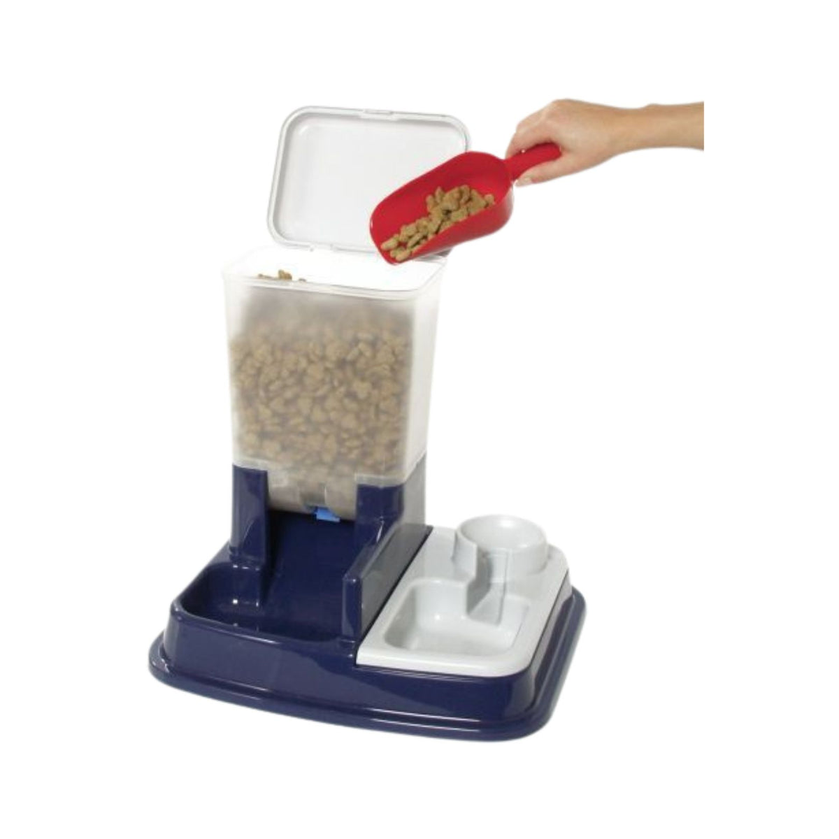 Flamingo Automatic Food and Water Dispenser Duo Max is a blue dispenser with food and water compartments for pets. How to use