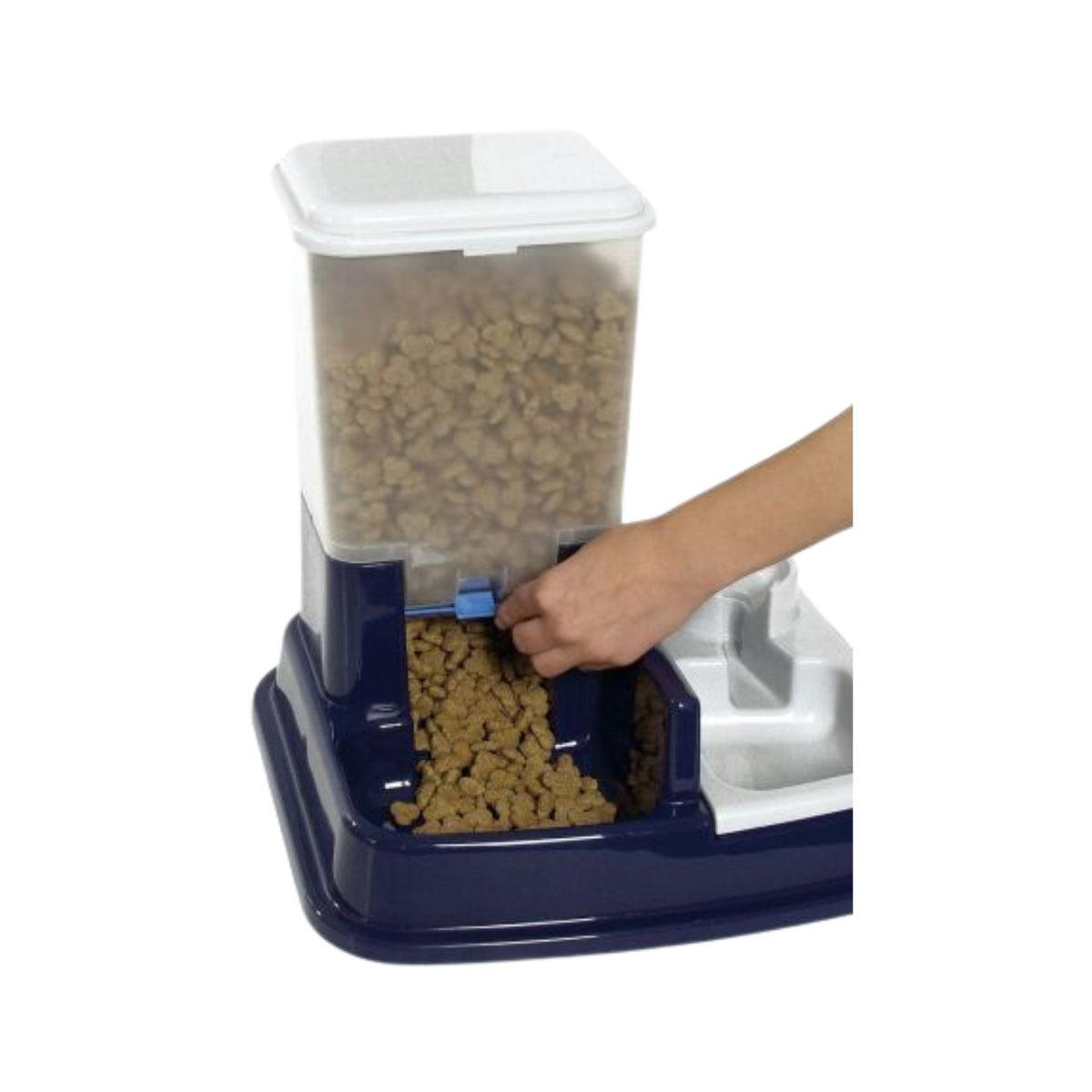 Flamingo Automatic Food and Water Dispenser Duo Max is a blue dispenser with food and water compartments for pets. How to use