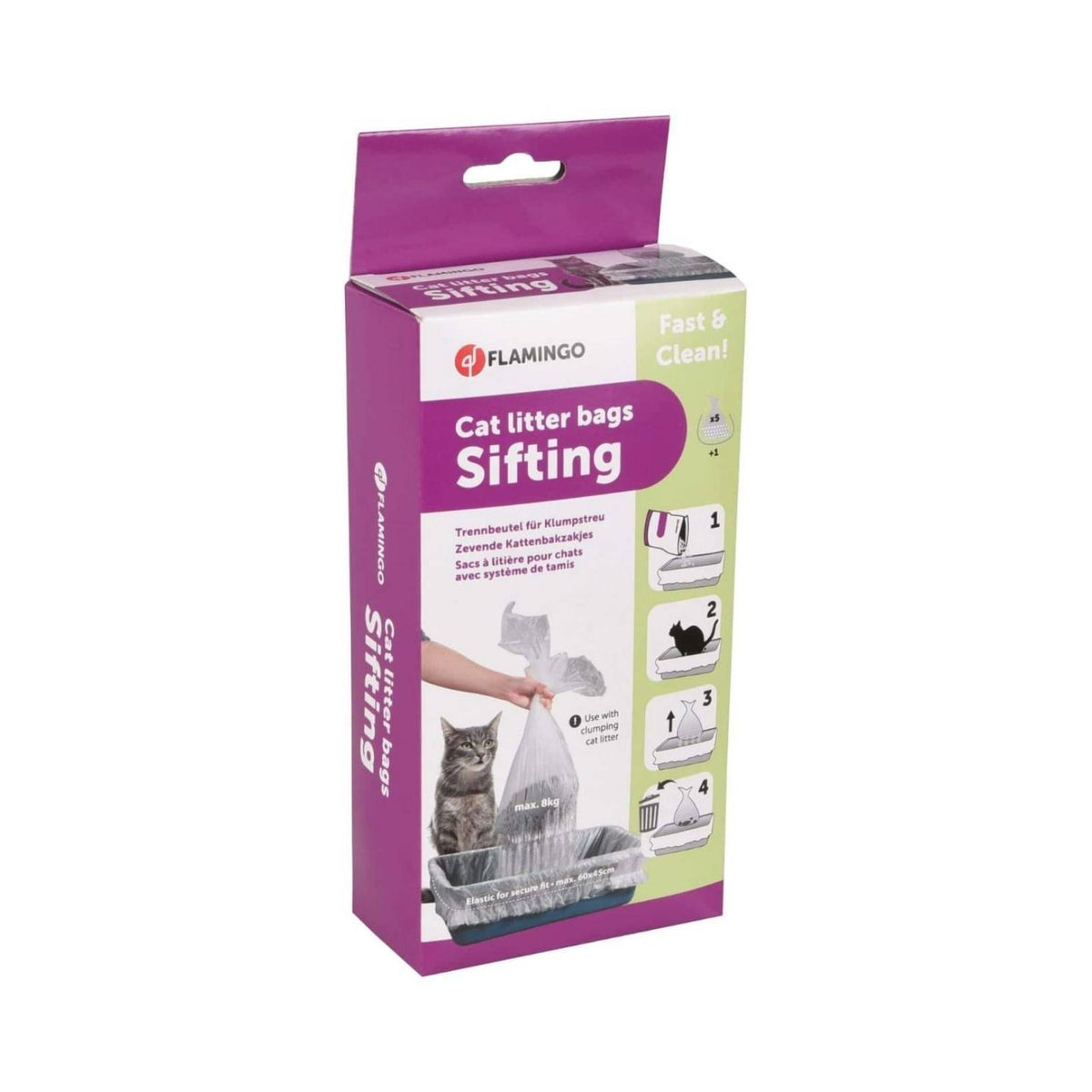 Flamingo Sifting Cat Litter Bags—Effortless Cleaning for Your Cat's Litter Box. This set includes six bags with a secure elastic fit. - Box