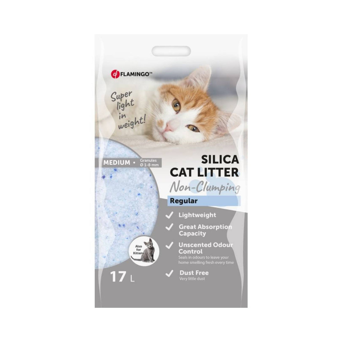 Flamingo Silica Cat Litter - Advanced Odor Control and Low Dust Formula for Clean and Fresh Litter Boxes. Available in 17L sizes.