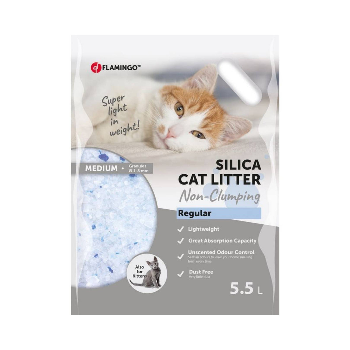 Flamingo Silica Cat Litter - Advanced Odor Control and Low Dust Formula for Clean and Fresh Litter Boxes. Available in 5.5L
