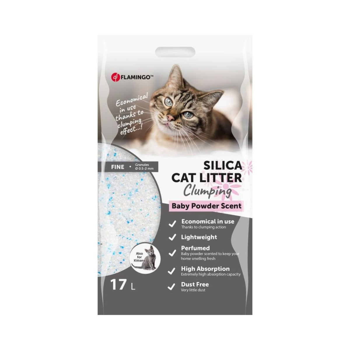 Flamingo Silica Fine Clumping Baby Powder Litter - Marvelous Baby Powder Scent for Ultimate Freshness. Available in 17L sizes.