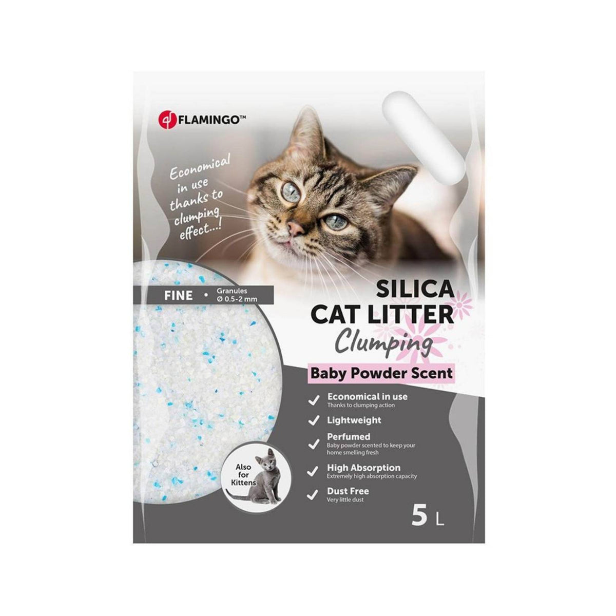Flamingo Silica Fine Clumping Baby Powder Litter - Marvelous Baby Powder Scent for Ultimate Freshness. Available in 5.5L