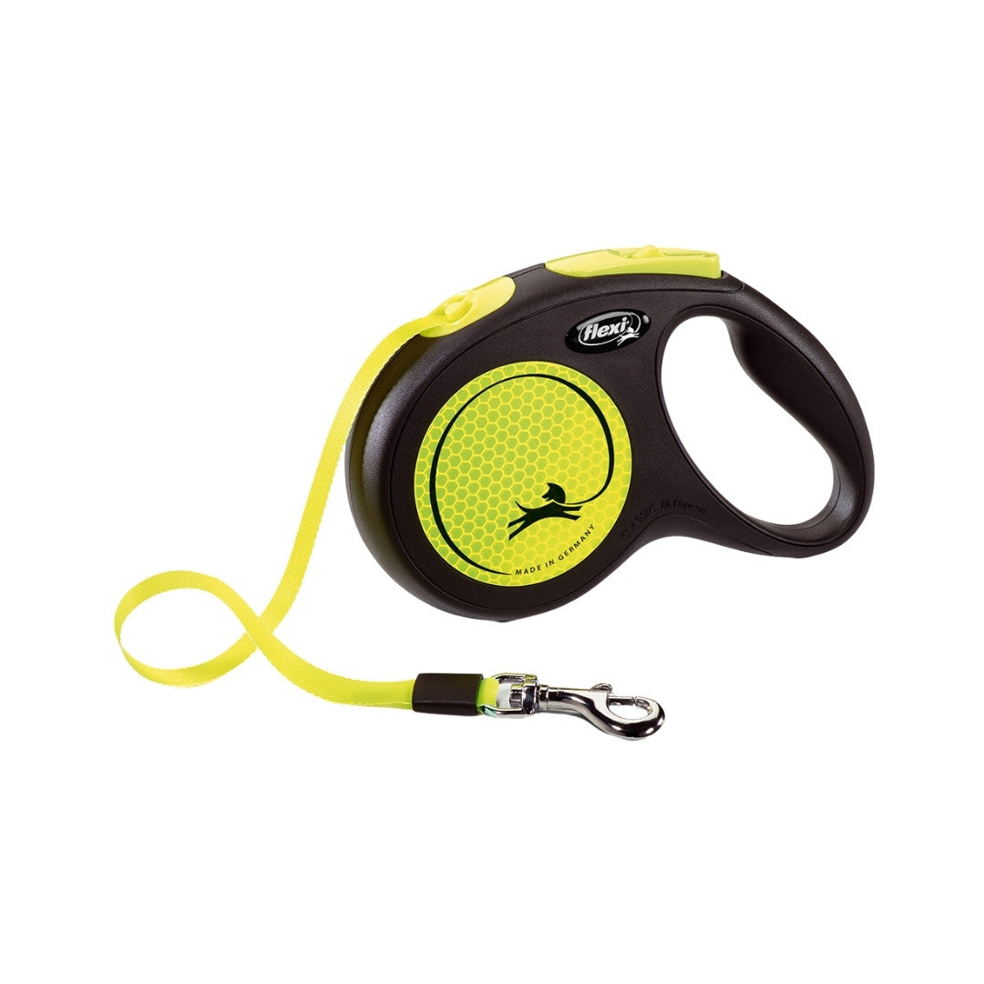 Flexi New Neon Tape Dog Leash Better visibility for you and your dog, Perfect for all weather conditions due to its reflective stickers and neon-colored components. Yellow