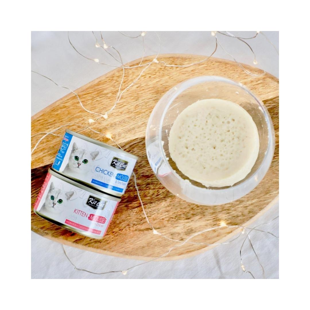 Kit Cat Chicken Mousse with Tuna Topper Cat Wet Food is a grain-free diet for all life stages. It has added taurine and was created by our feline-loving nutritionists AD.