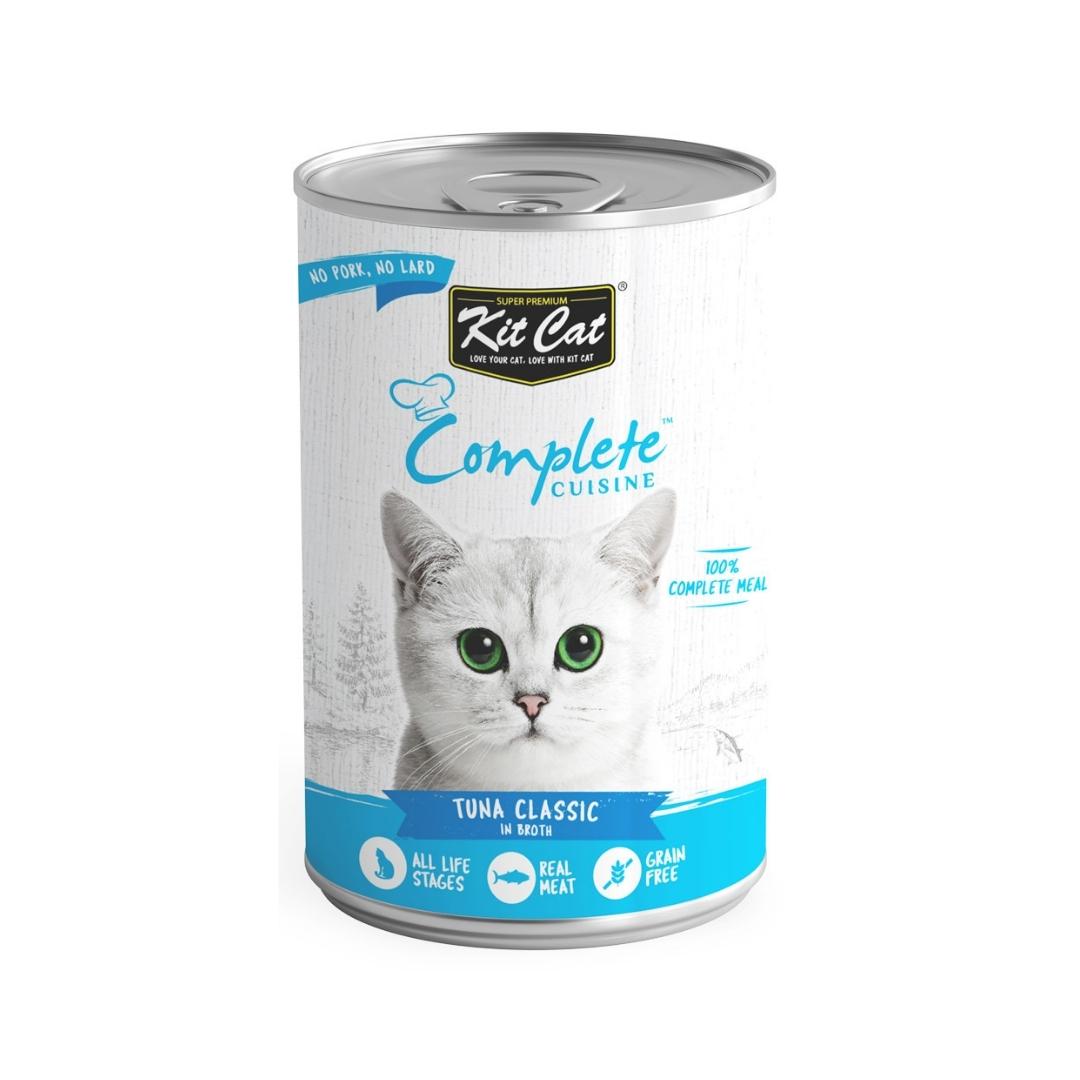 Kit Cat Complete Cuisine Tuna Classic In Broth 150g This cat food is grain-free and suitable for cats of all life stages. It contains real meat.