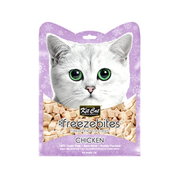 Kit Cat Freezebites are a type of cat treat that is made from 100% chicken meat. This protein-rich snack is grain-free and gluten-free and contains no wheat, corn, soy, artificial preservatives, or other additives.