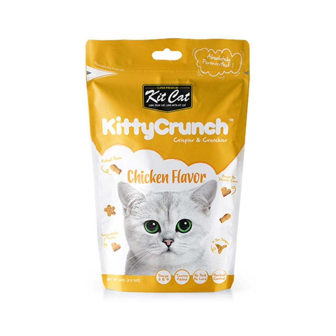 Kit Cat Kitty Crunch Chicken Flavor 60g packaging, crispy and crunchy cat treats, perfect for dental health and hairball control.