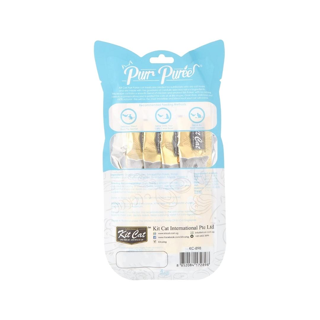 Elevate your cat's treat time with the enticing blend of Kit Cat Puree Chicken & Smoked Fish Cat Treats. Order now for an unmatched feline treat experience Back Bag.