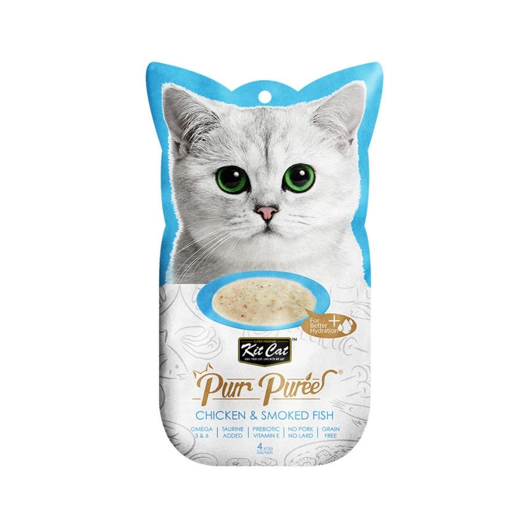Elevate your cat's treat time with the enticing blend of Kit Cat Puree Chicken & Smoked Fish Cat Treats. Order now for an unmatched feline treat experience.