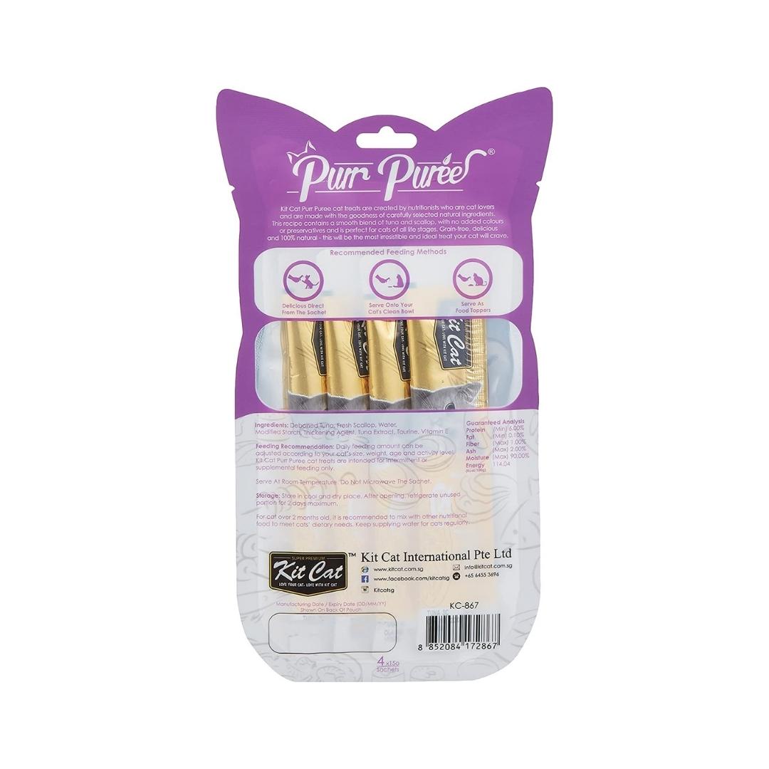 Treat your feline friend to the delightful Kit Cat Puree Tuna & Scallop Cat Treats. Order now and make every treat time a moment of joy for your cat Back Bag.