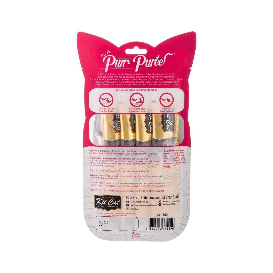 Elevate your cat's treat time with Kit Cat Puree Tuna & Smoked Fish Cat Treats—where quality meets flavor. Treat your feline companion to a culinary delight that aligns with their instincts Back Bag.