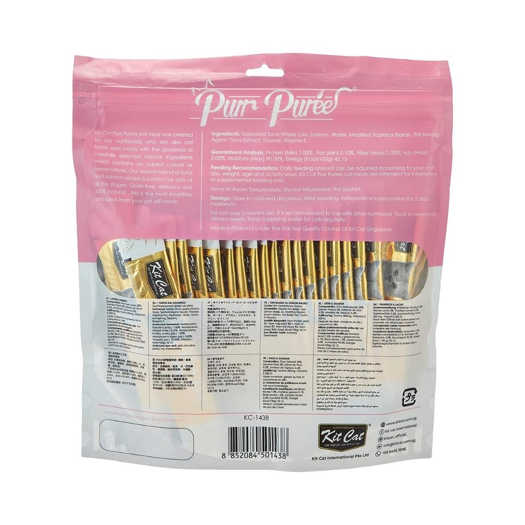 Pamper your beloved cat with the Kitcat Purr Puree Tuna And Salmon Value Pack – a delightful treat. Order now to treat your feline friend to the best in natural indulgence Back Bag.