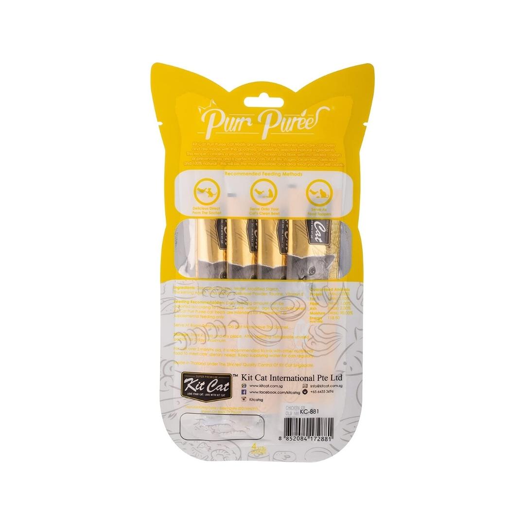 Elevate your cat's treat time with Kit Cat Purr Puree Chicken & Fiber Hairball Cat Treats – where quality meets flavor and well-being meets indulgence. Treat your feline companion to a culinary delight that aligns with their instincts Back Bag.