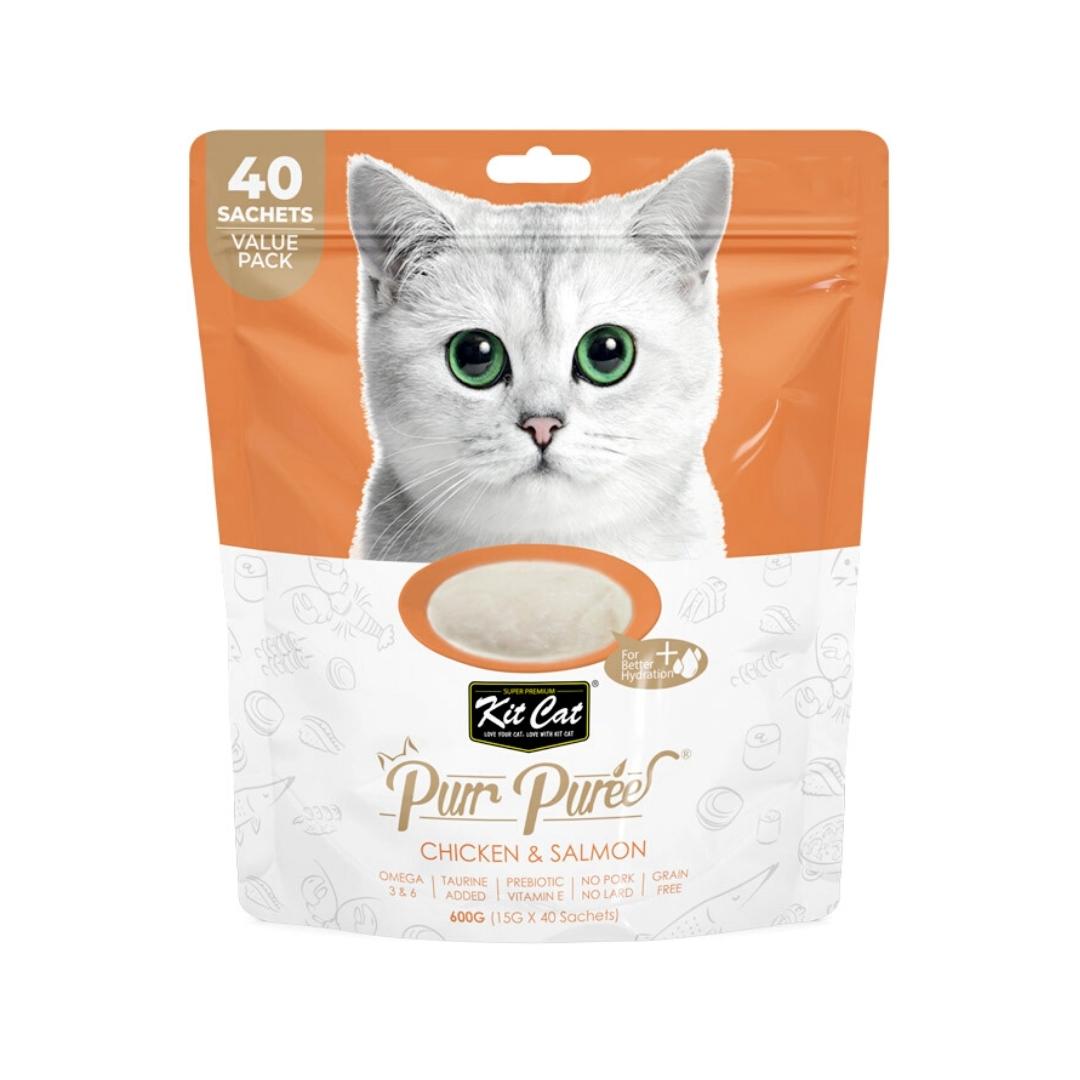 Treat your cat to Kit Cat Puree Chicken & Salmon Cat Treats, a delectable blend crafted by cat-loving nutritionists.