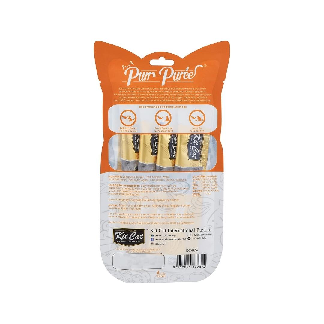 Treat your cat to Kit Cat Puree Chicken & Salmon Cat Treats, a smooth blend crafted with care by cat-loving nutritionists Back Bag.