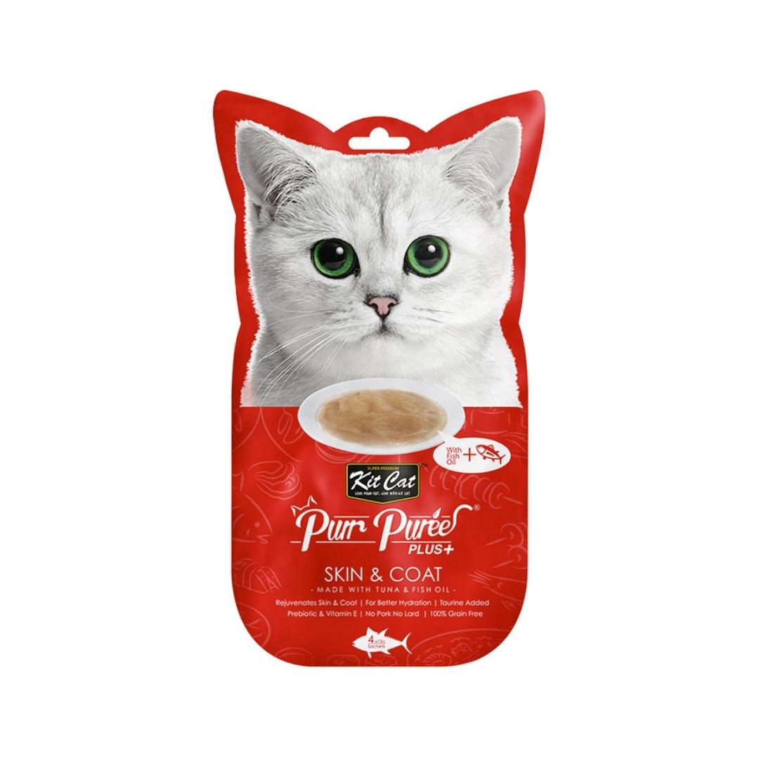 Kit Cat Purr Puree Plus+ Tuna & Fish Oil Skin & Coat treats offer your cat a delectable blend of taste and beauty-enhancing benefits.