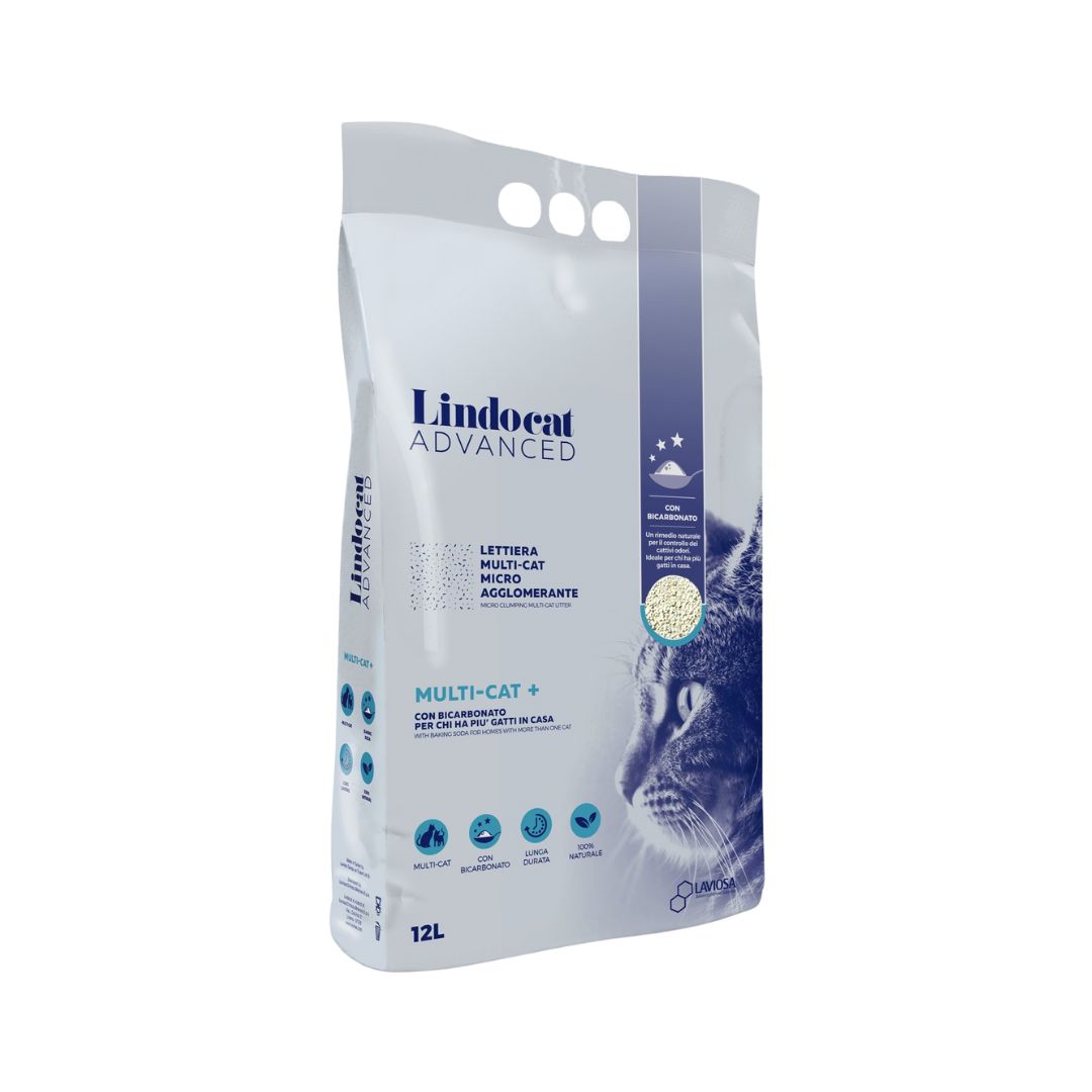 Lindocat White Bentonite Multi-Cat + Cat Litter, 12L bag, premium clumping litter made from 100% white bentonite, ideal for multi-cat households.