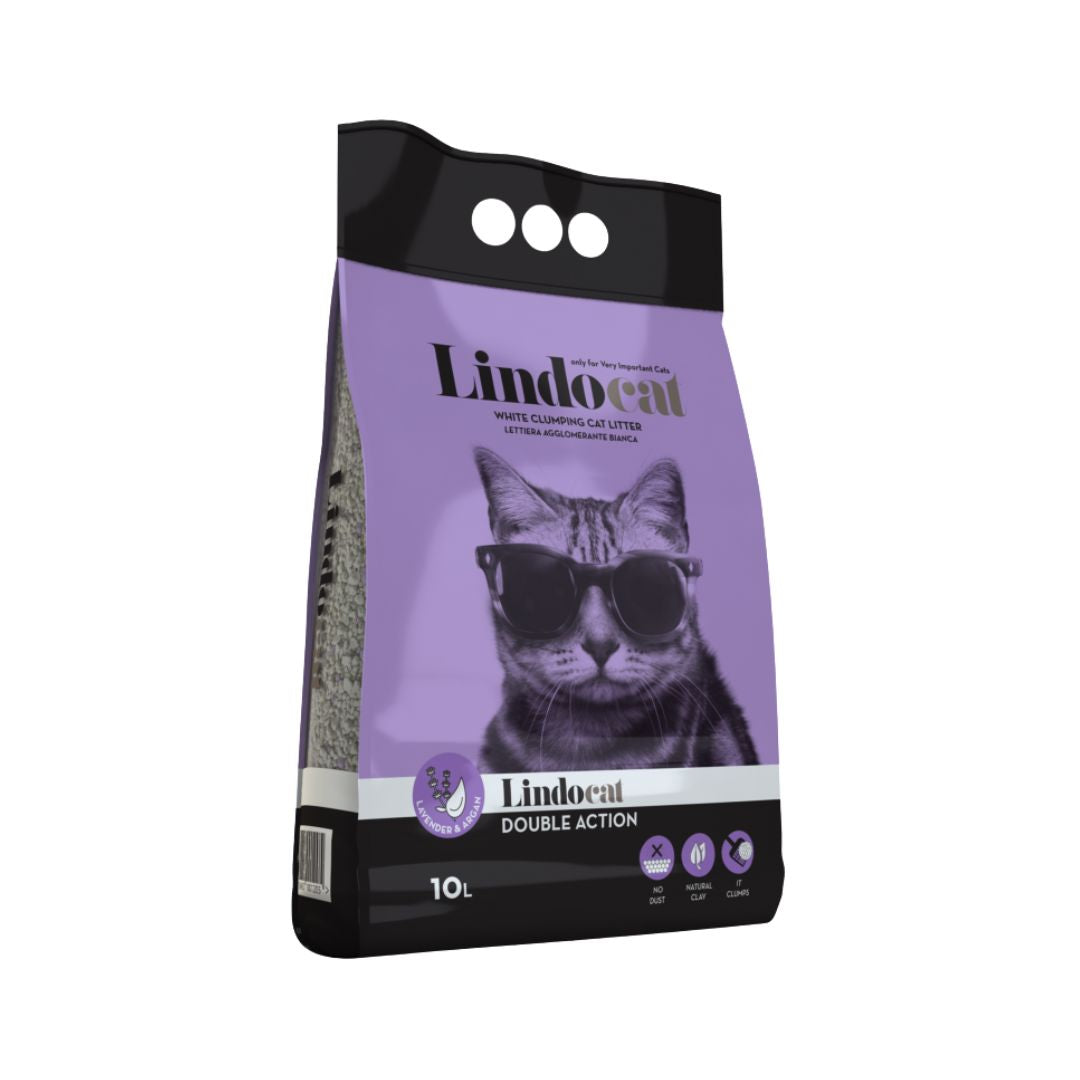 LindoCat White Bentonite Double Action Lavender Cat Litter, 10 Liters bag, premium clumping litter with lavender scent and Argan oil for long-haired cats. 10 L