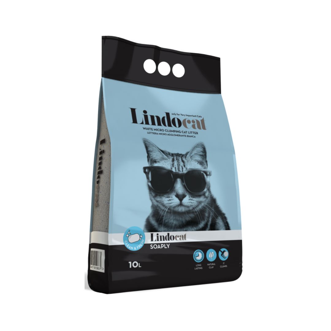 Lindocat White Bentonite Soaply Scented Cat Litter, available in 5L and 10L bags, premium clumping litter with high absorbency and a delicate soaply fragrance. - 10 L