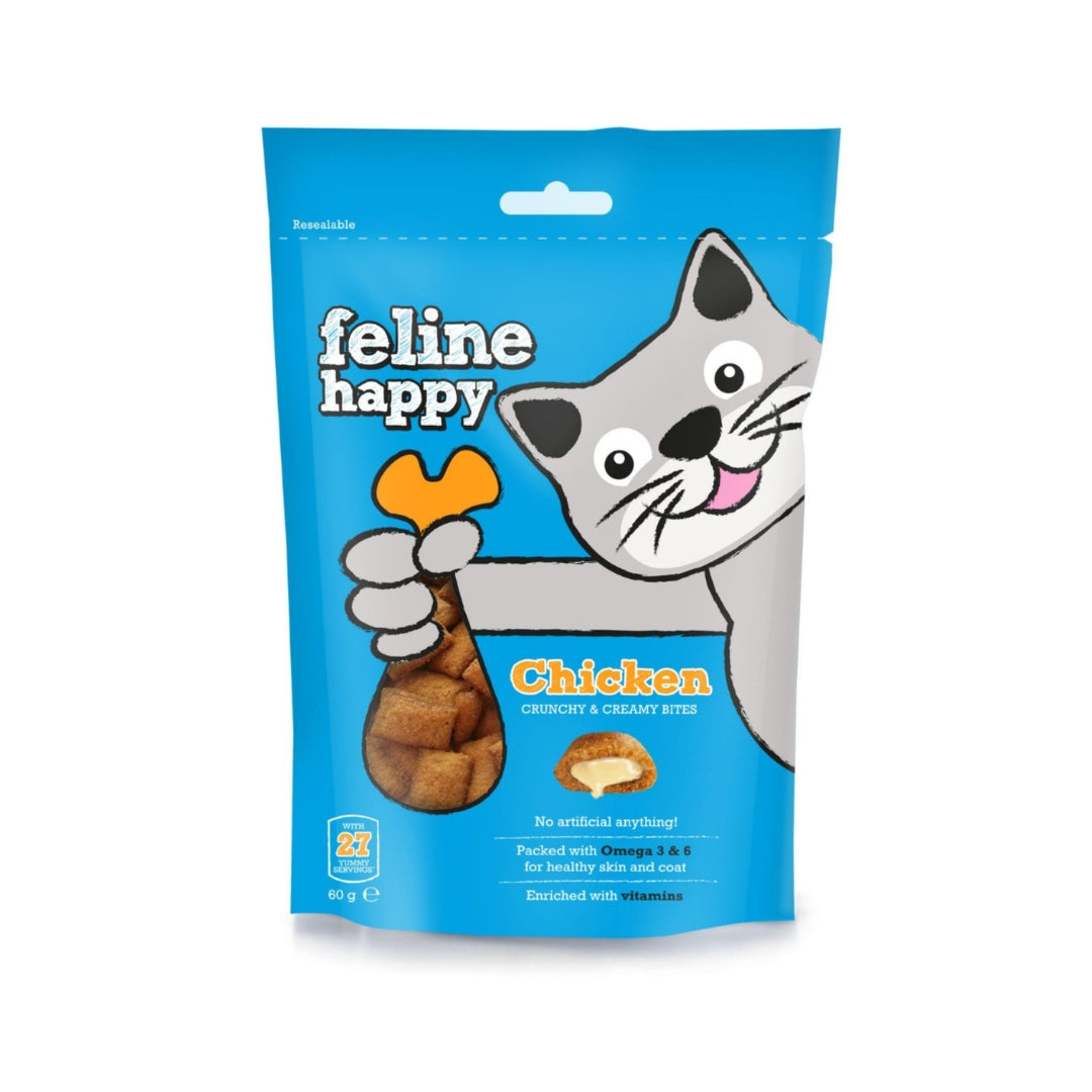 Elevate your cat's snacking experience with the irresistible and nutrient-rich M&C Feline Happy Chicken Cat Treats. Feline Happy Chicken Cat TreatFeline Happy Chicken Cat Treats - Front Bag