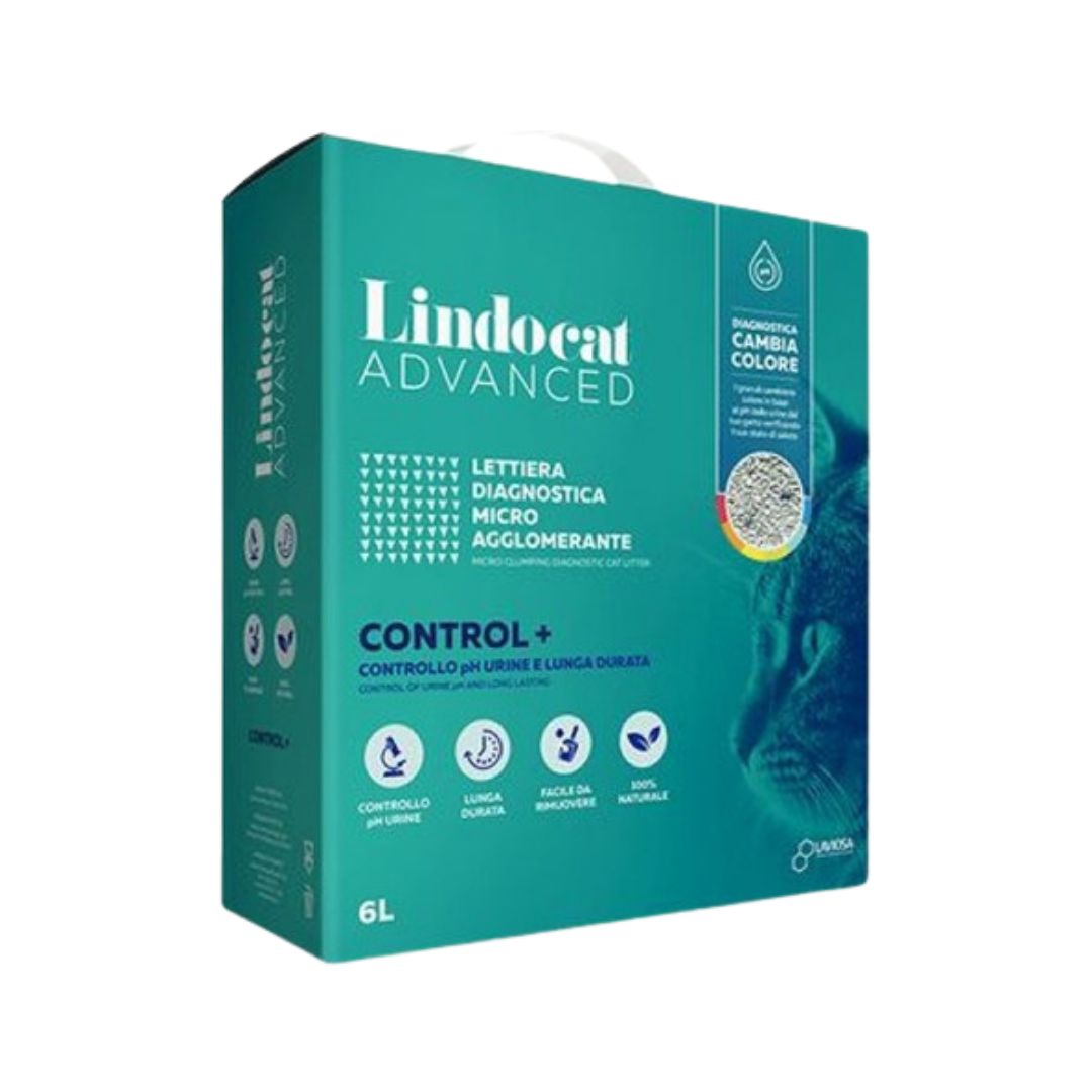 Lindocat Natural Bentonite Advance Control Plus Cat Litter, 6L, fragrance-free, clumping litter with urine pH control, made from 100% natural bentonite clay, eco-friendly and effective for cat health monitoring.