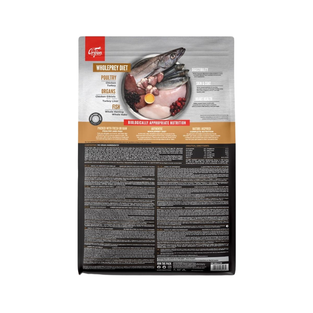 Orijen Original Cat Dry Food WholePrey diet features the most succulent parts of the prey, like poultry or fish, organs, and bone 2.