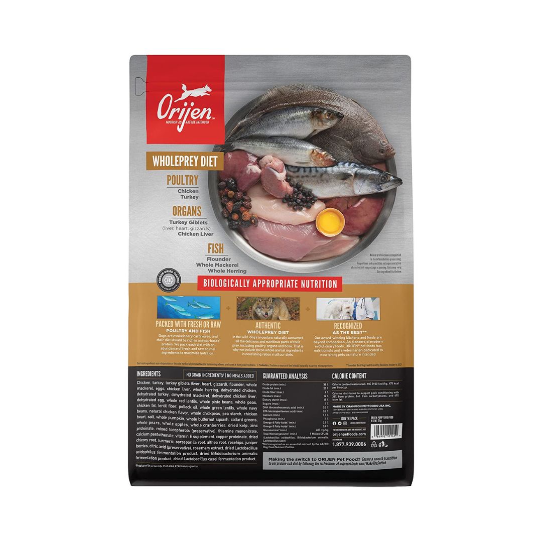 Orijen Puppy Dry Food All puppies require a diet rich in proteins and fats from a variety of fresh whole meats to fully support their rapid growth and development 2.