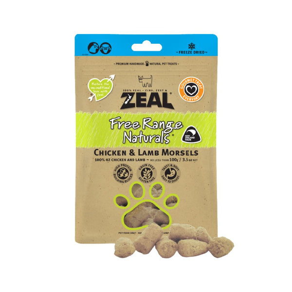 Zeal Free Range Chicken and Lamb Morsels 100% Pure Natural pet treats are wholesome, trustworthy, and traceable to source.