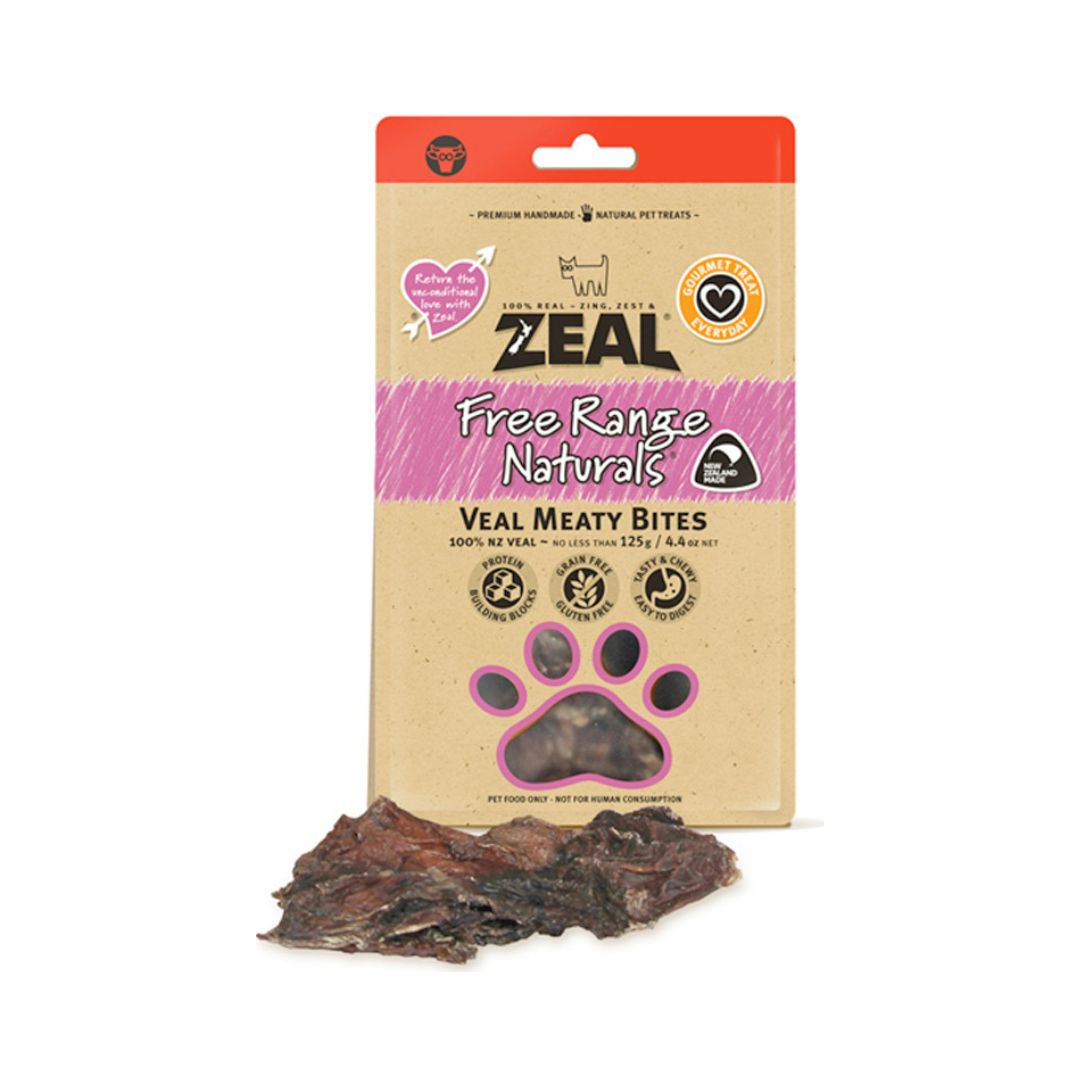 Zeal Veal Meaty Bites Dog Treats 125g - front packaging