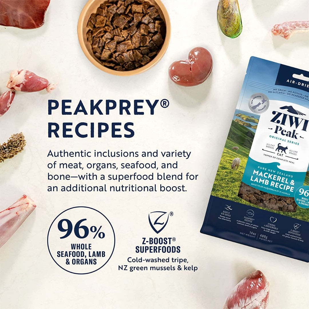 Ziwi Peak Air-Dried Mackerel & Lamb Cat Dry Food A complete and balanced PeakPrey® recipe for any life stage, from kittens to seniors AD.