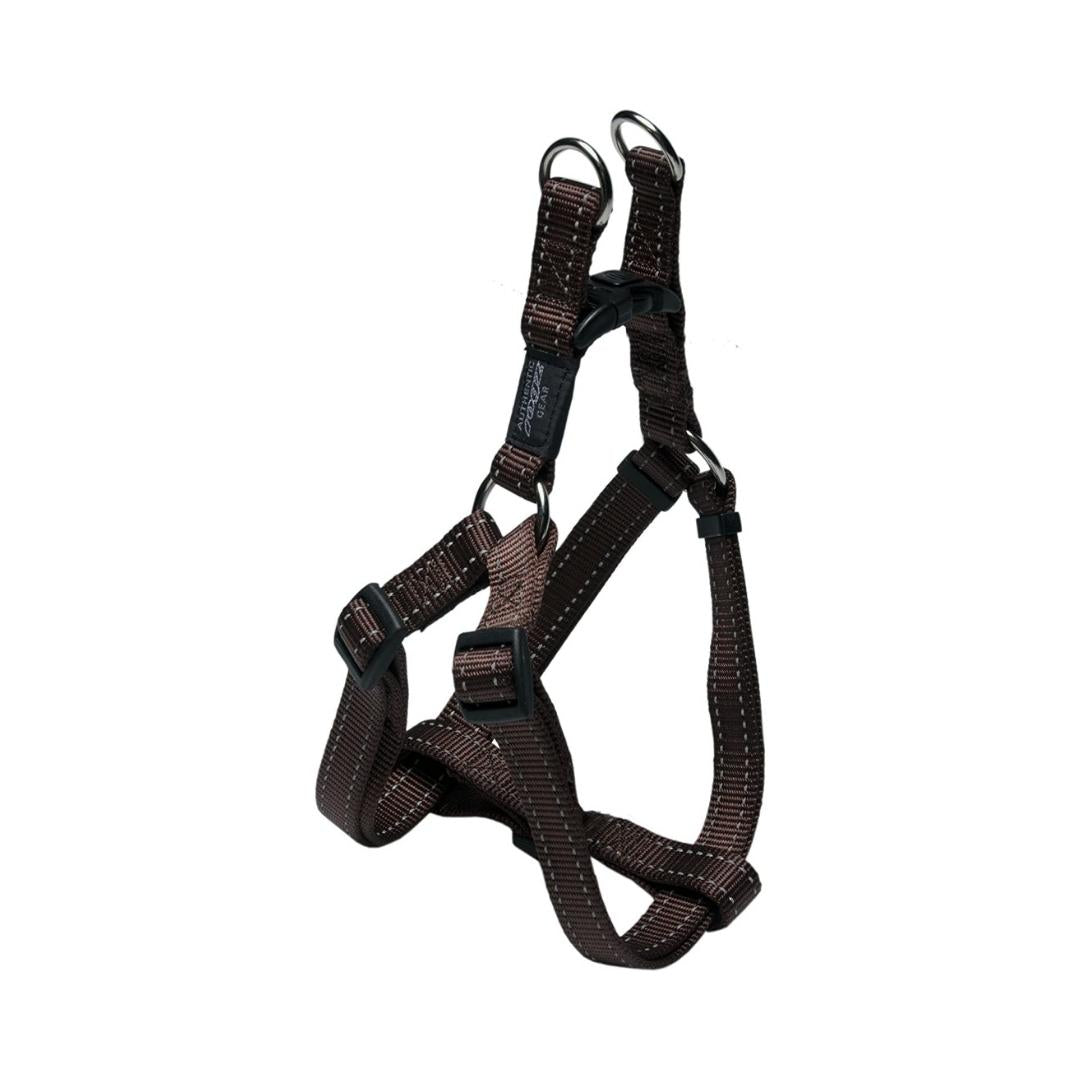 A Brown Rogz Utility Step-In Dog Harness with adjustable straps and a metal D-ring attachment.