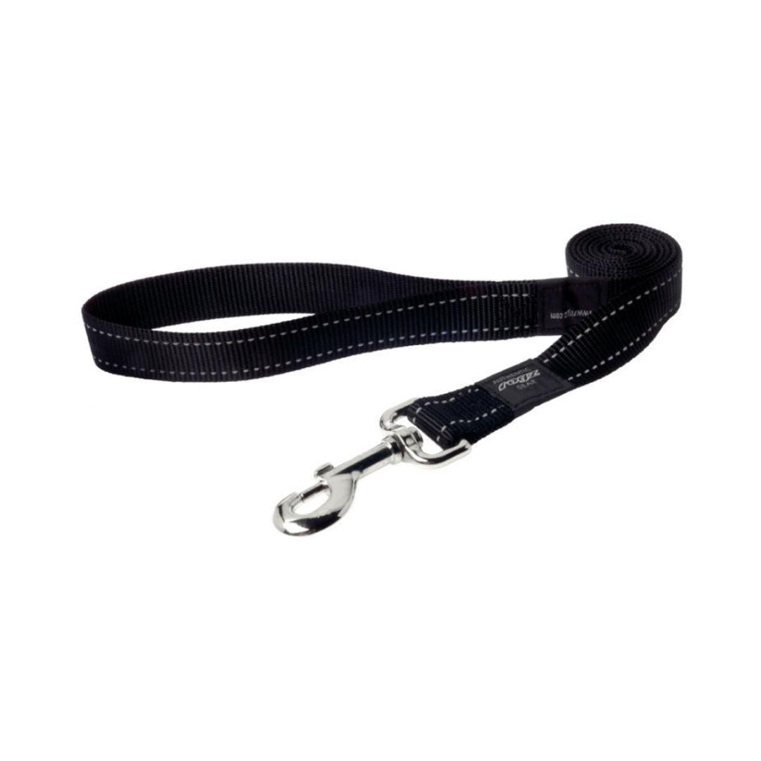 A black dog leash with reflective stitching and a metal ring.