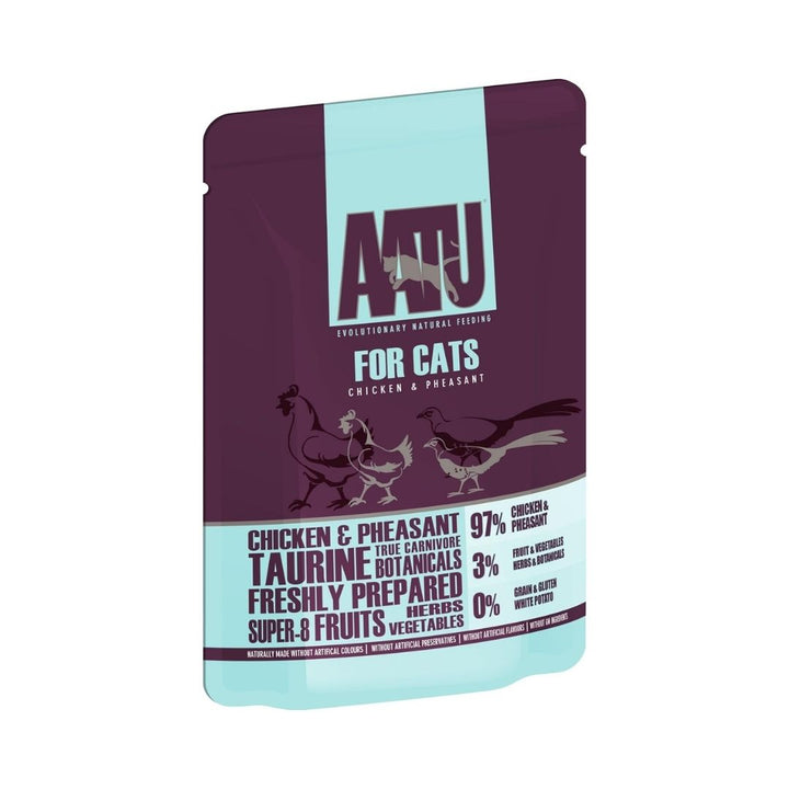 AATU Chicken &amp; Pheasant Wet Cat Food 85g front packaging showcasing 97% chicken and pheasant, grain-free formula, and SUPER-8 blend. Available in Dubai and UAE at Petz.ae