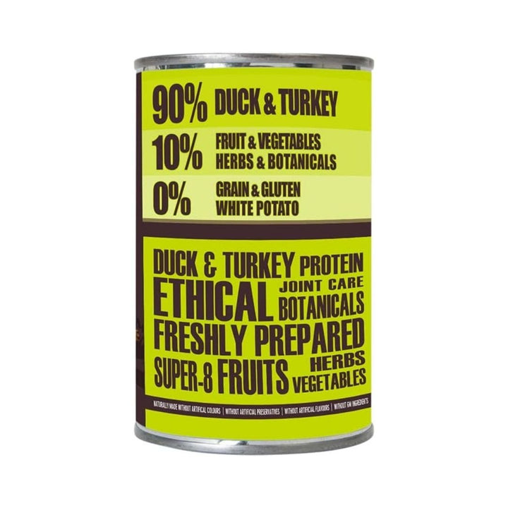 Back packaging of AATU Duck &amp; Turkey Wet Dog Food with feeding instructions, nutritional details, and ingredient list. Premium grain-free wet dog food in Dubai and UAE.