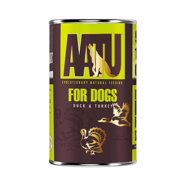 AATU Duck &amp; Turkey Wet Dog Food 400g front packaging showcasing 90% duck and turkey, grain-free formula, and SUPER-8 blend. Available in Dubai and UAE at Petz.ae.